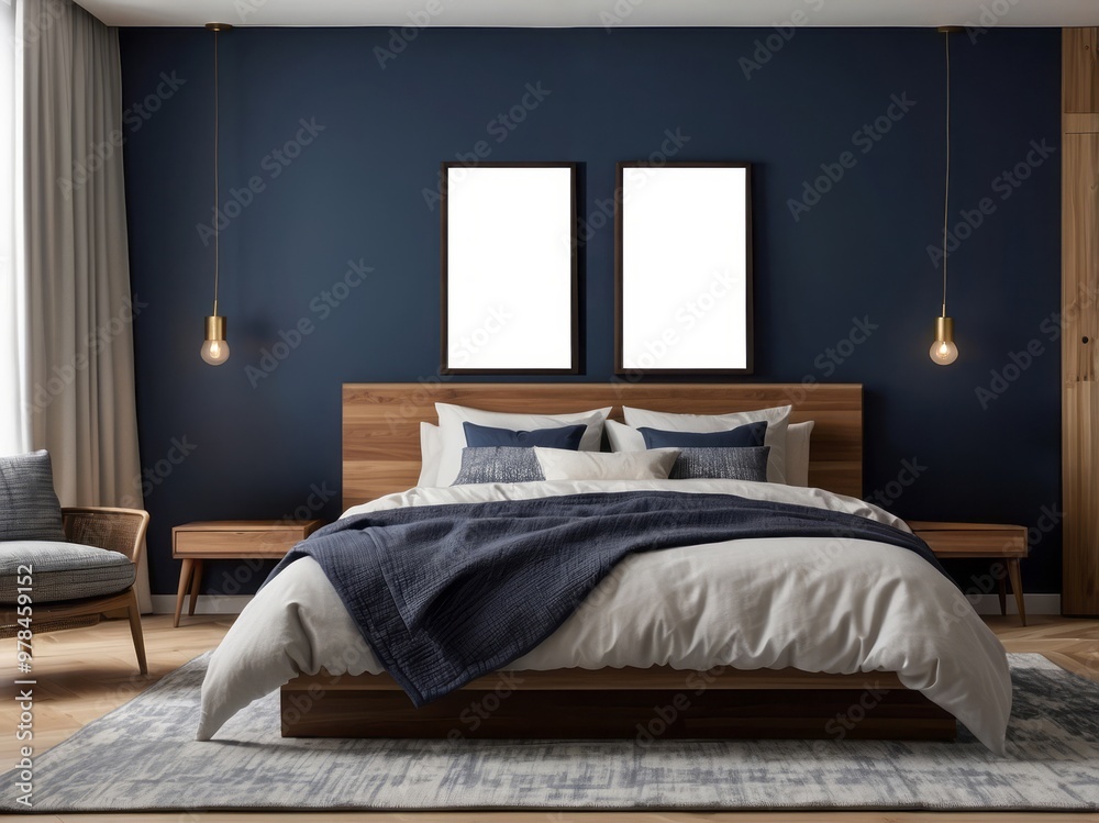 Modern Bedroom with King-Sized Bed, Two Pendants, and Two Framed Empty Canvases Modern Bedroom with King-Sized Bed, Two Pendants, and Two Framed Empty Canvases