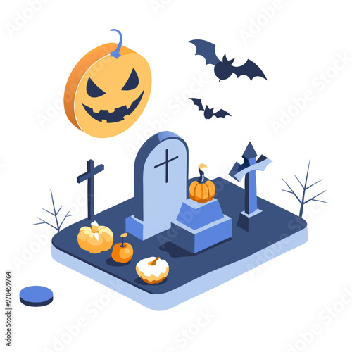 Spooky Halloween Graveyard Isometric Illustration:  A spooky isometric illustration of a graveyard, perfect for Halloween. This image features a spooky jack-o-lantern moon, a tombstone, cross, and bat