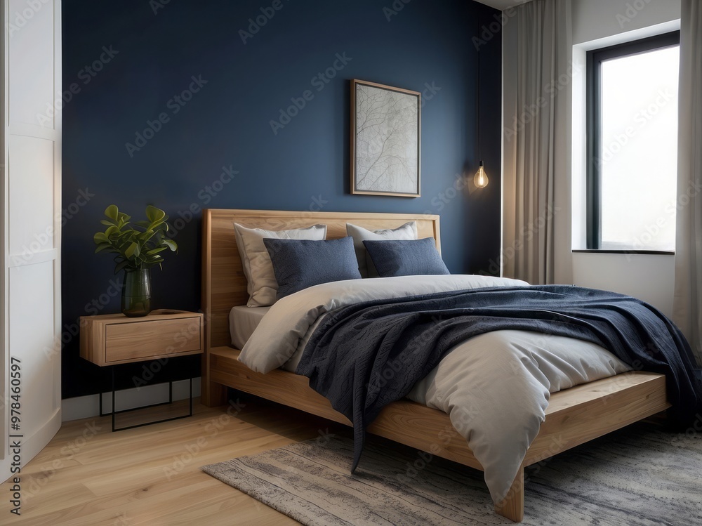 Modern Bedroom Interior with Blue Walls, Wooden Bed, and Grey Bedding Modern Bedroom Interior with Blue Walls, Wooden Bed, and Grey Bedding
