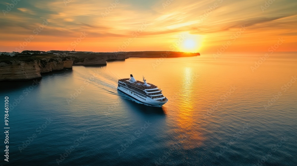 A cruise ship sailing at sunset near cliffs, reflecting serene waters and vibrant skies. A cruise ship sailing at sunset near cliffs, reflecting serene waters and vibrant skies.