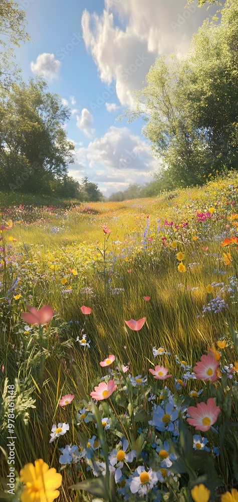 Obraz premium 67. **A vibrant spring meadow with wildflowers, tall grasses, and a sunny, clear sky.