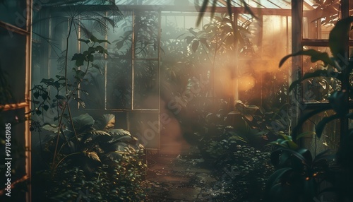 A serene sunrise illuminates a lush green greenhouse filled with various plants and foliage, creating a peaceful, natural atmosphere. photo