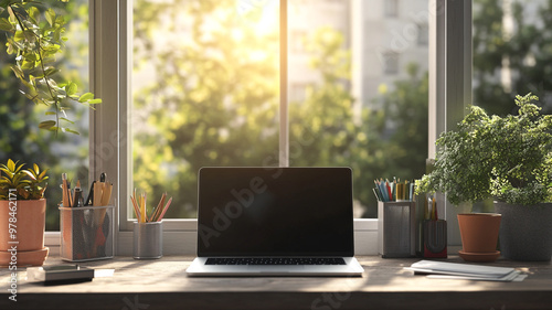 A serene home office with a laptop, plants, and natural light streaming through the window