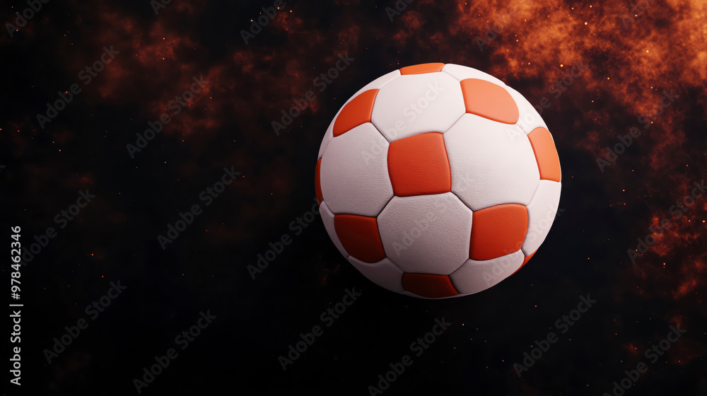 Naklejka premium A vibrant soccer ball with orange and white panels, set against a dramatic background, perfect for sports-themed designs.