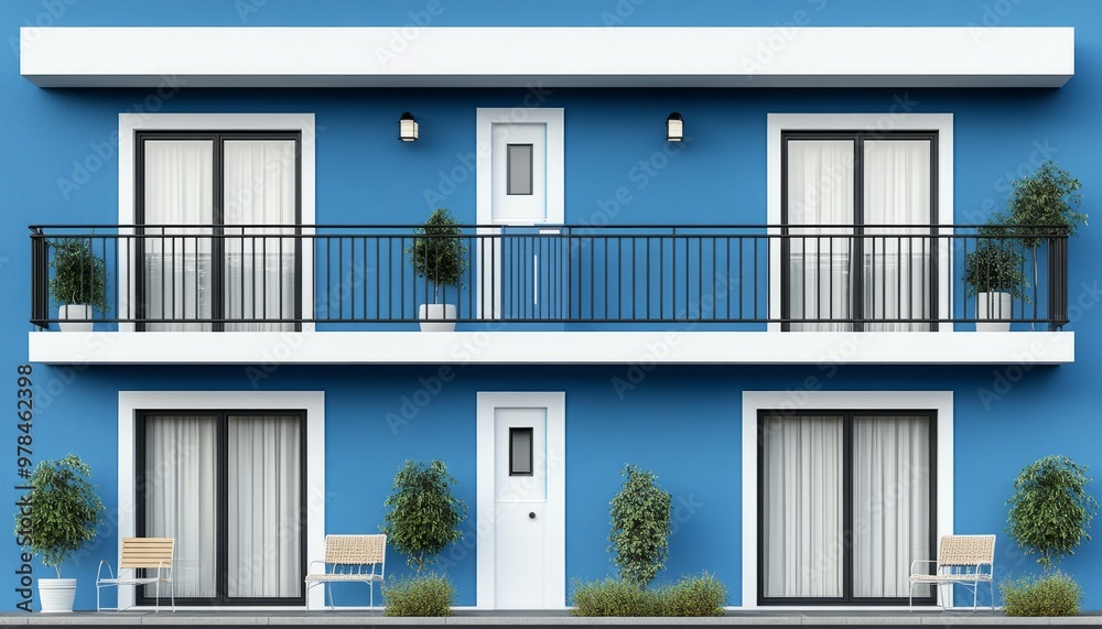 Fototapeta premium Two-story blue building with balconies, windows, and doors