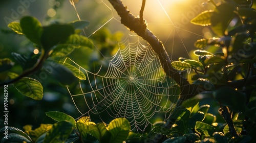 sunlight through the spider web on the tree