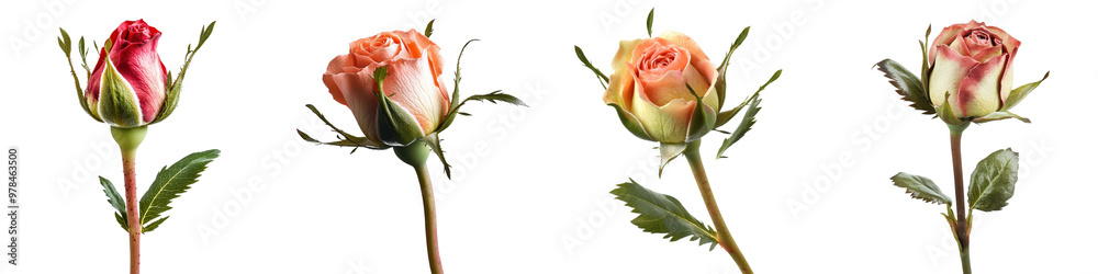 Close up of beautiful and colorful rose buds and blooming flowers on green stems with leaves Romantic elegant and vibrant floral background or Close up of beautiful and colorful rose buds and blooming flowers on green stems with leaves Romantic elegant and vibrant floral background or