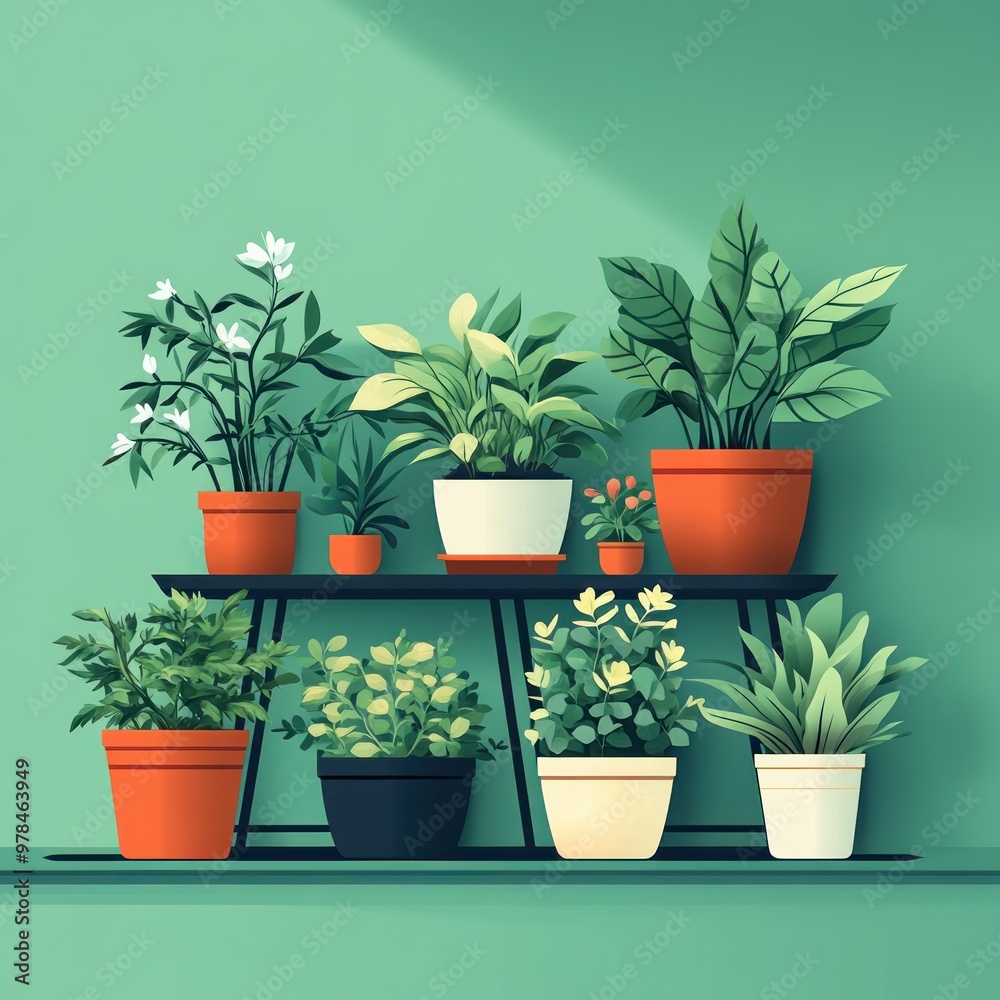 Obraz premium Illustration of Plants on a Shelf Against a Green Wall