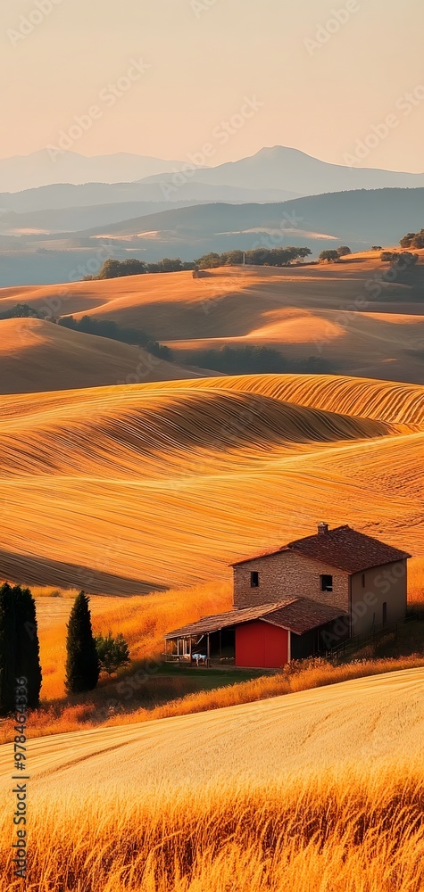Fototapeta premium 58. **A tranquil rural landscape with a cozy farmhouse, golden fields, and rolling hills in the distance.
