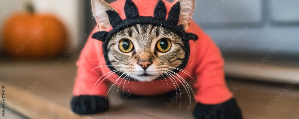 Cat in a spider costume climbing on a haunted house porch, spider cat, spooky feline in costume Cat in a spider costume climbing on a haunted house porch, spider cat, spooky feline in costume