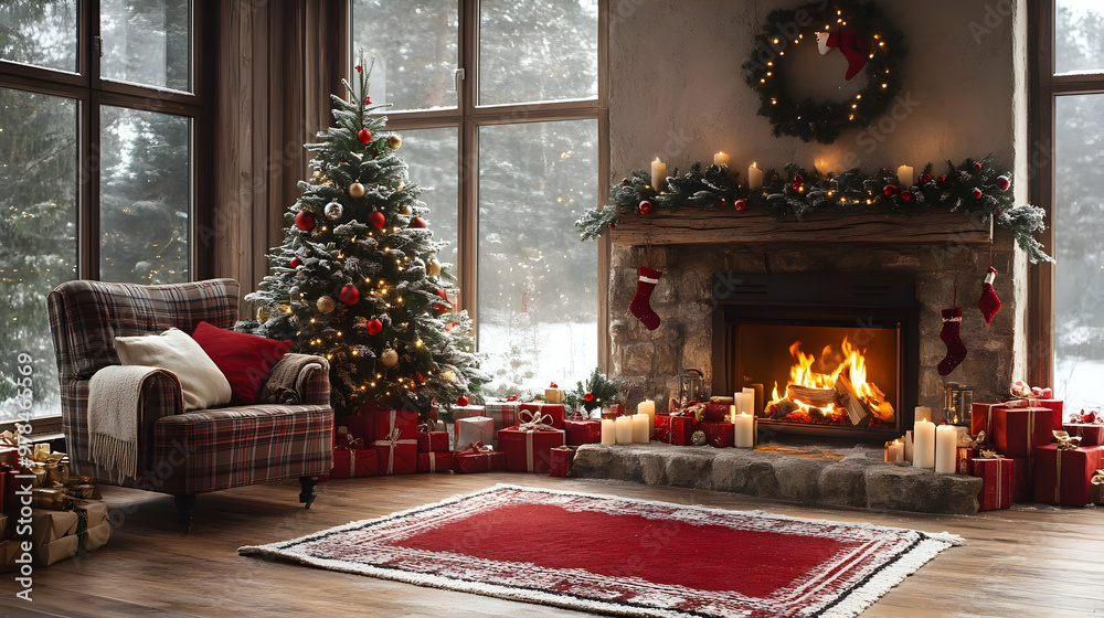 Cozy Christmas Fireplace with Decorated Tree and Gifts Cozy Christmas Fireplace with Decorated Tree and Gifts