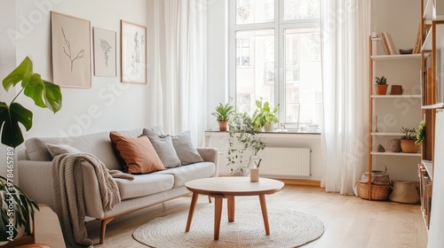 Scandinavian Minimalist Living Room with Light Wood Flooring and Gray Sofa