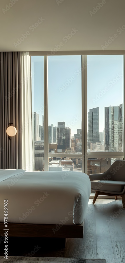 Fototapeta premium 50. **A chic boutique hotel room with modern furnishings, large windows, and a city skyline view.
