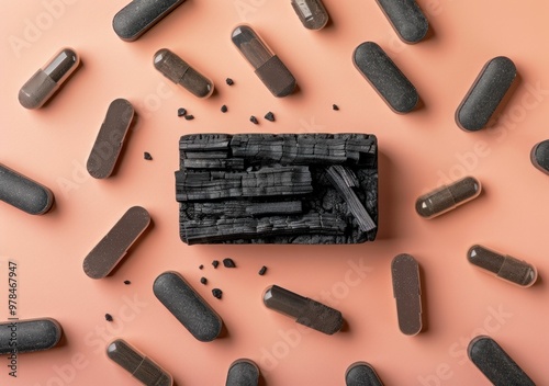 charcoal supplements, wellness, health benefits, detox, natural ingredients, alternative medicine, beauty products, charcoal blocks, minimalist, supplements layout, modern background photo