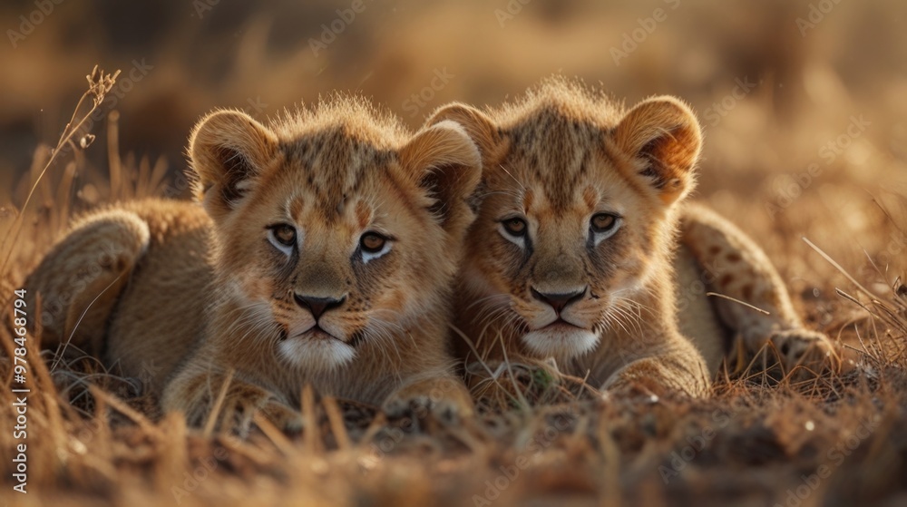 Two little cub lions lying on the ground in the savannah Two little cub lions lying on the ground in the savannah
