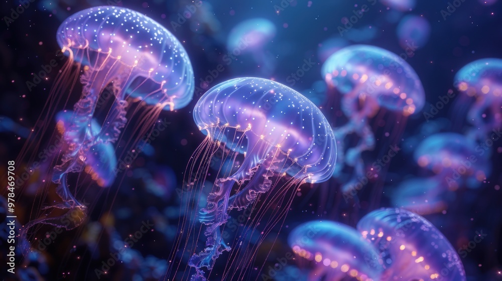 Naklejka premium A group of bioluminescent jellyfish swim in the deep blue ocean. Their translucent bodies glow with a vibrant pink and purple light, creating a mesmerizing underwater scene.
