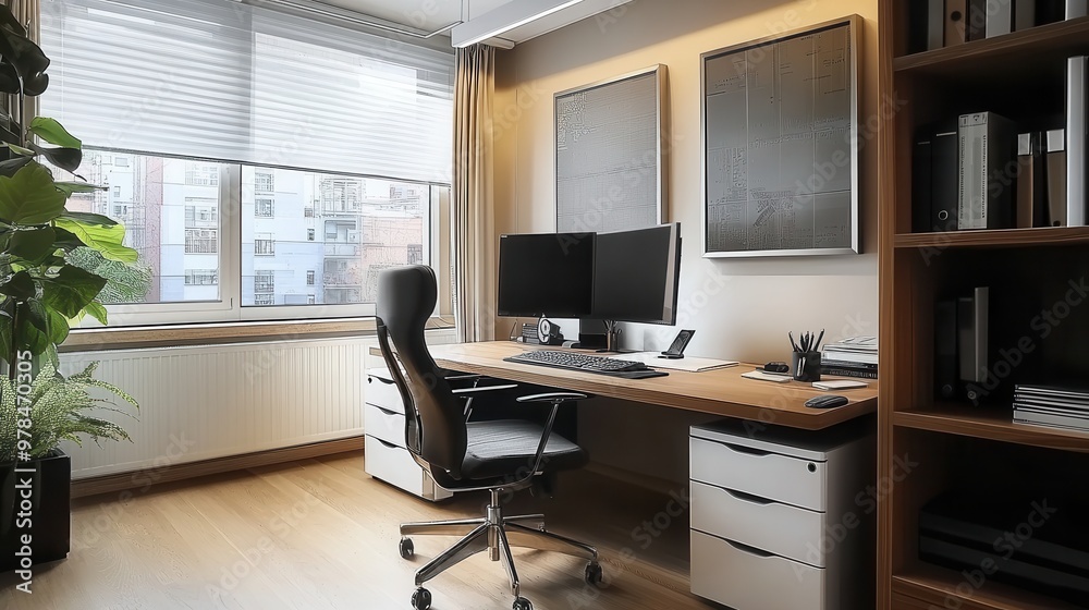 Modern office with elegant design, featuring a desk, dual monitors, and plants, ideal for productivity and creativity. Modern office with elegant design, featuring a desk, dual monitors, and plants, ideal for productivity and creativity.