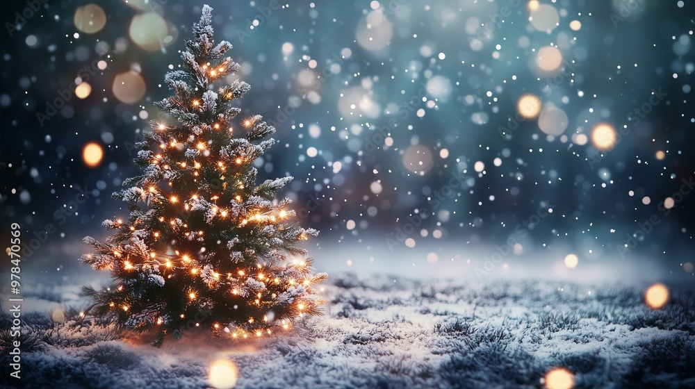 A magical winter scene with a glowing tree, twinkling lights, and a festive holiday atmosphere. A magical winter scene with a glowing tree, twinkling lights, and a festive holiday atmosphere.