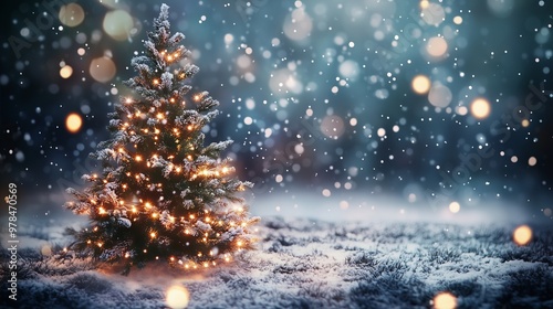 A magical winter scene with a glowing tree, twinkling lights, and a festive holiday atmosphere.