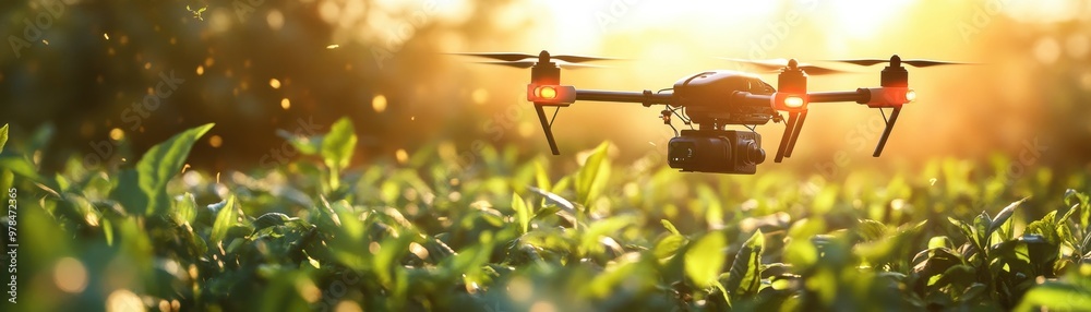 Drone flying over green field during sunset, showcasing modern agriculture technology for farming and crop analysis. Drone flying over green field during sunset, showcasing modern agriculture technology for farming and crop analysis.