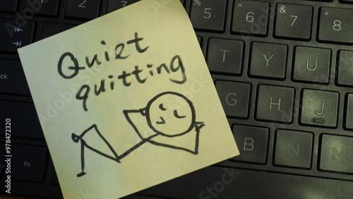 Quadro su tela Quiet quitting: Yellow memo paper with drawing of a chilled stick figure lying o