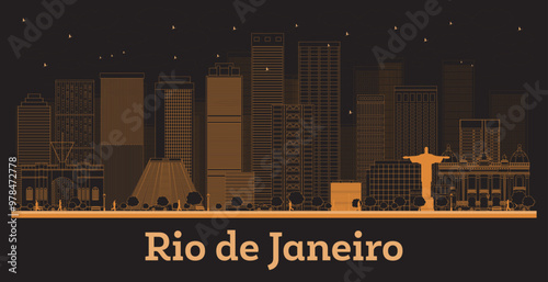 Outline Rio de Janeiro Brazil City Skyline with orange Buildings. Business Travel and Turism Concept with Modern Architecture. Rio de Janeiro Cityscape with Landmarks.