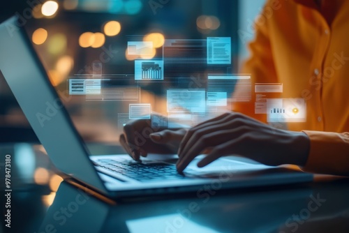 Person Typing on Laptop with Floating Digital Data