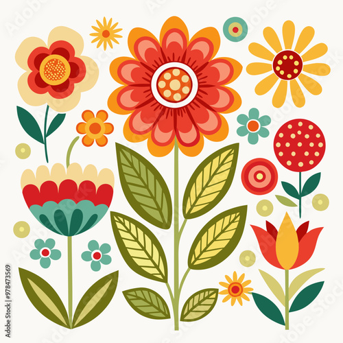 seamless pattern with flowers, vector retro floral set on a white background