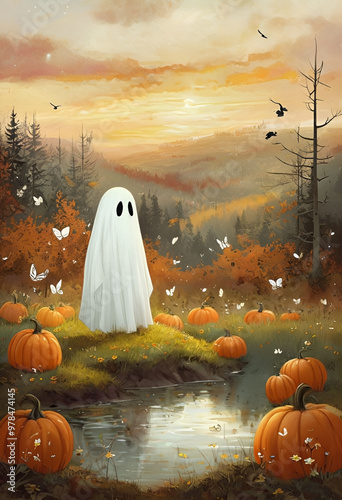 Whimsical Autumn Ghost Scene with Pumpkins and Reflective Pond Art