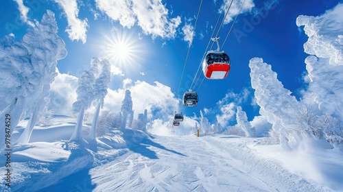 Cable car suspended above the snow monsters of Zao Ski Resort, as skiers race down the sunny slope with a stunning blue sky backdrop. Winter beauty in Yamagata.