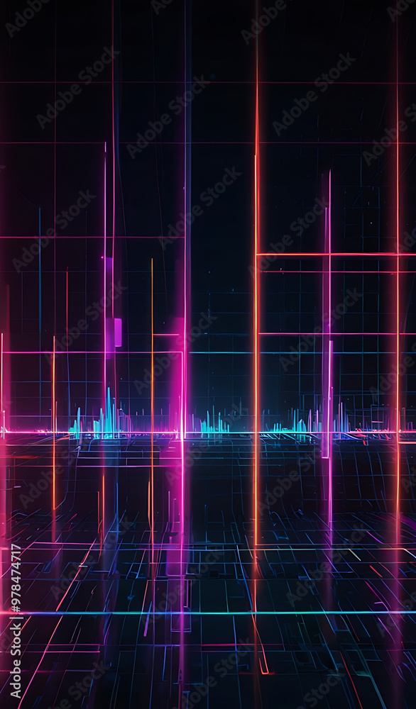 An abstract digital grid in neon colors, with glowing lines and shapes that pulse and shift, giving a futuristic, high-tech vibe to the mobile wallpaper.