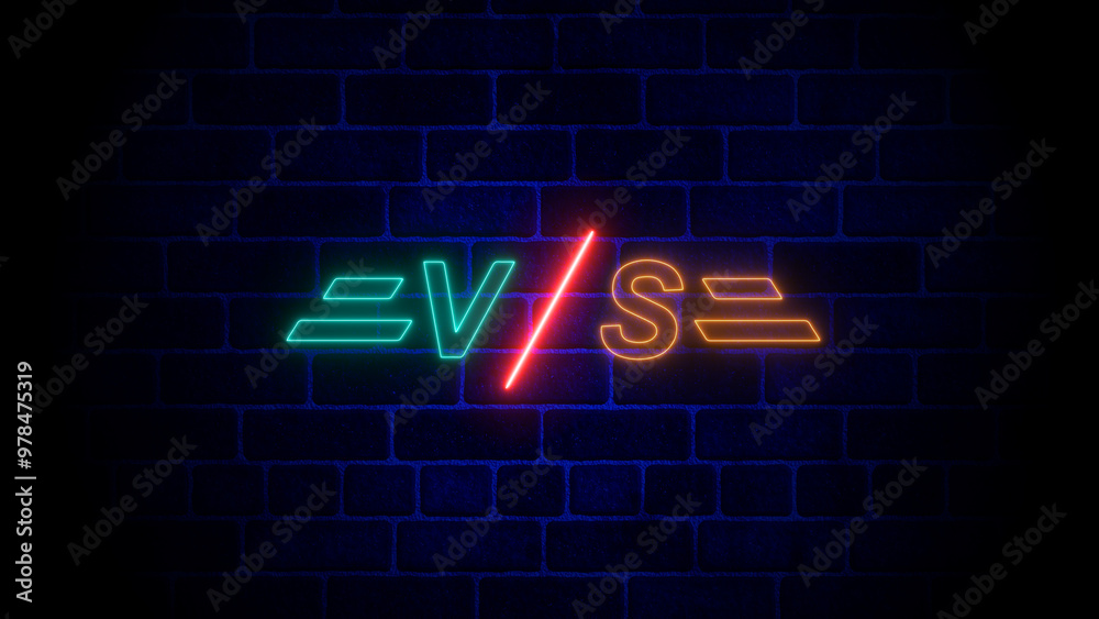 vs neon icon on brick wall. versus battle fight match. vs neon icon on brick wall. versus battle fight match.