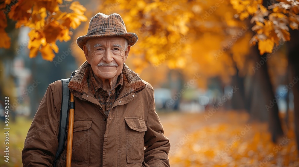 Elderly Man with Cane - Autumn City Park Walk - Senior Enjoying Peaceful Solitude Elderly Man with Cane - Autumn City Park Walk - Senior Enjoying Peaceful Solitude