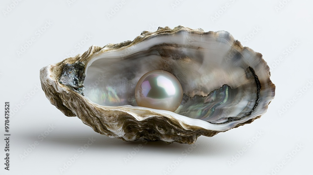Close-up of an oyster shell with a single natural pearl inside, the nacre reflecting soft, iridescent colors, placed on a white backdrop. Close-up of an oyster shell with a single natural pearl inside, the nacre reflecting soft, iridescent colors, placed on a white backdrop.