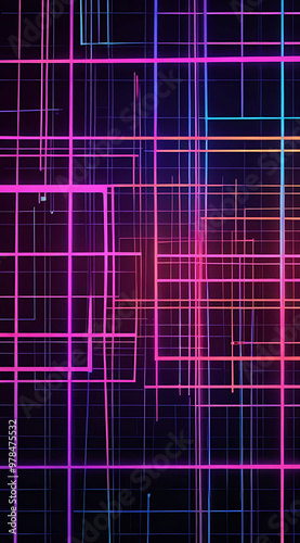 An abstract digital grid in neon colors, with glowing lines and shapes that pulse and shift, giving a futuristic, high-tech vibe to the mobile wallpaper.