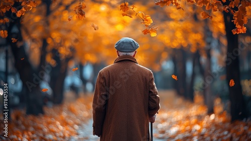 Old Man Strolling with Cane - Autumn Park Walk - Senior Enjoying Tranquil Solitude photo