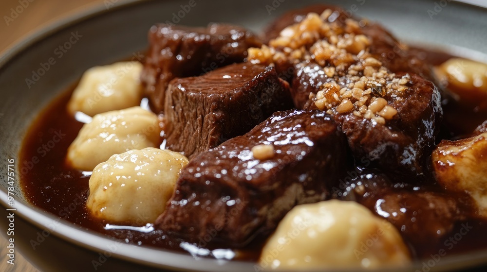 Close-up of boiled beef slices served with soft dumplings and topped with a rich, savory sauce. A comforting and hearty meal. Close-up of boiled beef slices served with soft dumplings and topped with a rich, savory sauce. A comforting and hearty meal.