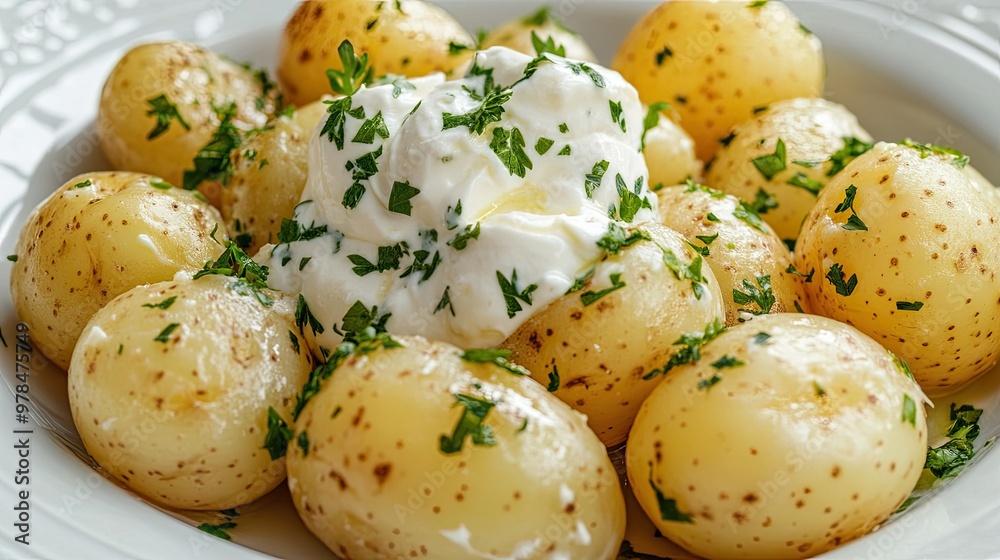 Close-up of boiled potatoes with creamy sour cream, sprinkled with chopped parsley on a white plate. The textures of the dish are inviting and fresh. Close-up of boiled potatoes with creamy sour cream, sprinkled with chopped parsley on a white plate. The textures of the dish are inviting and fresh.