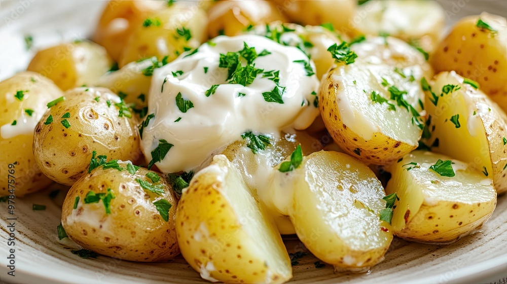 Close-up of boiled potatoes with creamy sour cream, sprinkled with chopped parsley on a white plate. The textures of the dish are inviting and fresh. Close-up of boiled potatoes with creamy sour cream, sprinkled with chopped parsley on a white plate. The textures of the dish are inviting and fresh.