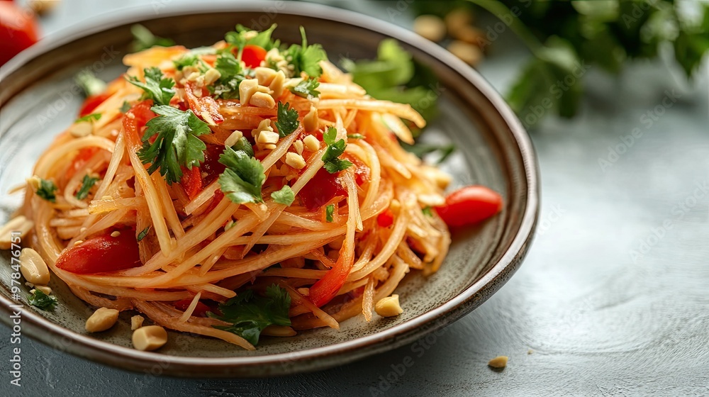 Close-up of papaya salad with a mix of shredded papaya, chili, tomatoes, and peanuts, served with fresh herbs on a traditional plate. Close-up of papaya salad with a mix of shredded papaya, chili, tomatoes, and peanuts, served with fresh herbs on a traditional plate.