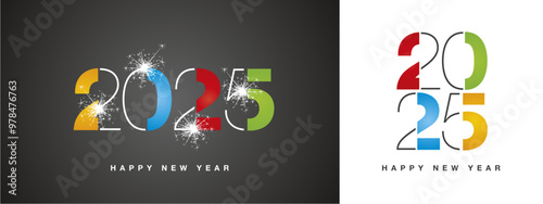 2025 Happy New Year modern black light typography logo sparkle firework. New Year 2025 colorful white orange blue red green black logo design concept vector