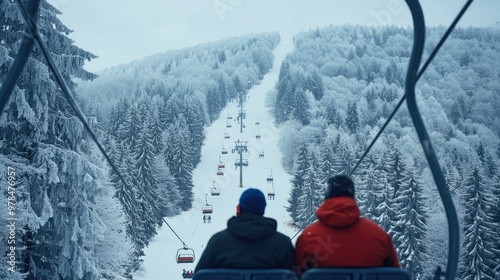 Close-up of skiers and snowboarders riding the chair lift at Poiana Braeov, watching the snowy forest and ski trails pass by below. Winter sports adventure. photo