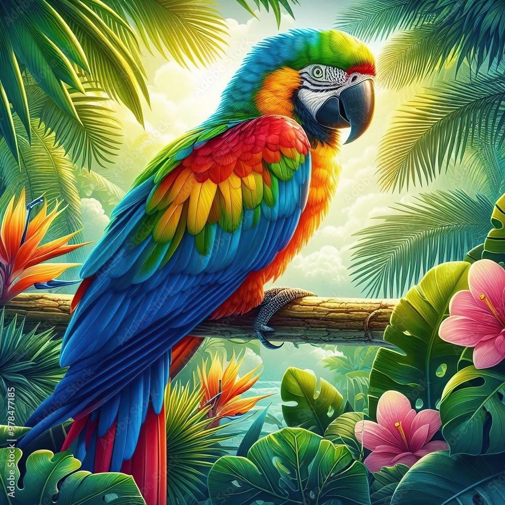Fototapeta premium A brightly coloured parrot with iridescent feathers sits amidst the tropical jungle