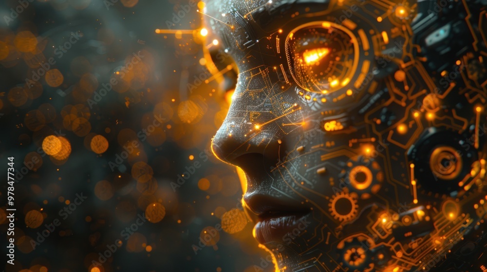 Close-up profile of a cyborg woman with glowing circuits and gears. Close-up profile of a cyborg woman with glowing circuits and gears.