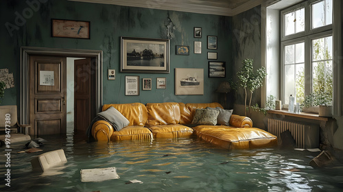 Flooded Living Room with a Yellow Couch and Pictures on the Wall