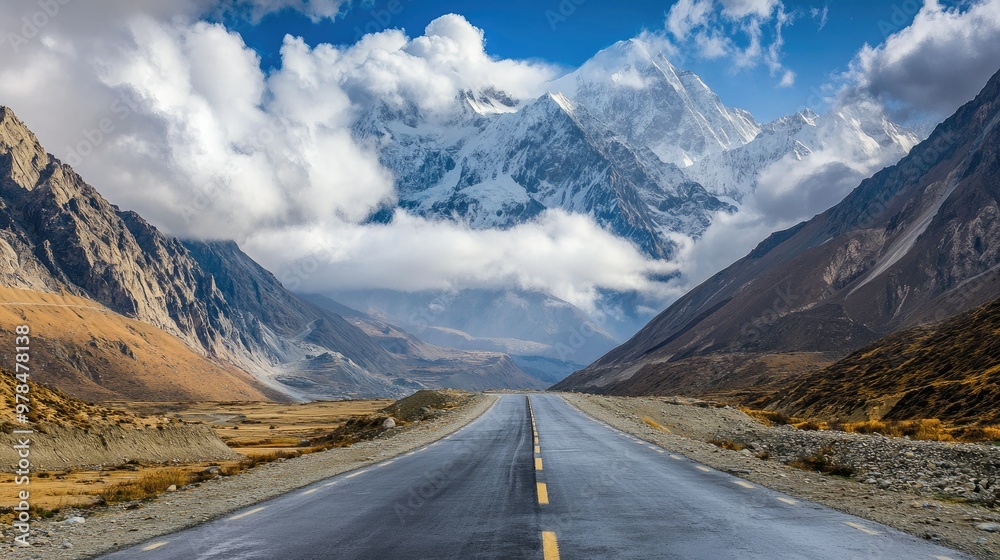 Fototapeta premium Cloud-draped Passu Cones overlooking the Karakoram Highway, a paved road winding through the peaceful valley of Gojal, surrounded by nature's beauty.