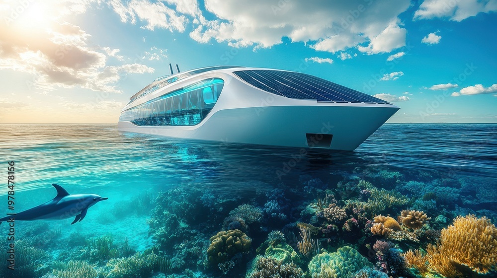 Fototapeta premium A futuristic solar-powered vessel navigating vibrant coral reefs with a dolphin nearby.