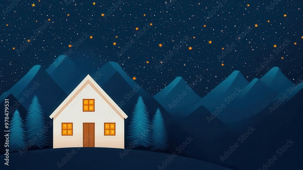 Christmas Eve starry night, cozy home with glowing lights, flat design illustration Christmas Eve starry night, cozy home with glowing lights, flat design illustration