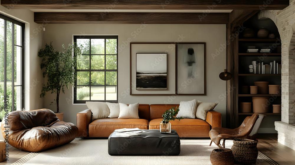 Modern Living Room Decor with Brown Leather Furniture and Abstract Art Modern Living Room Decor with Brown Leather Furniture and Abstract Art
