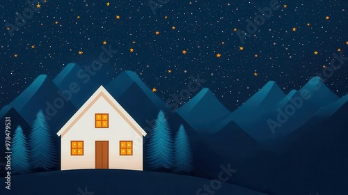 Christmas Eve starry night, cozy home with glowing lights, flat design illustration